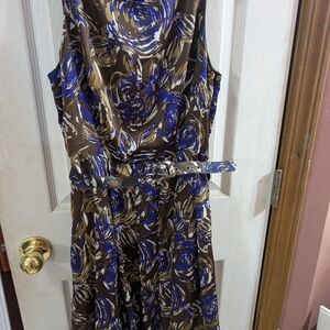 Eva Franco Blue and Brown Floral Midi Dress